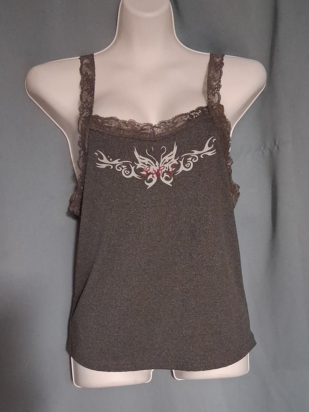 Lace-Trim Dark Brown Graphic Cami Top